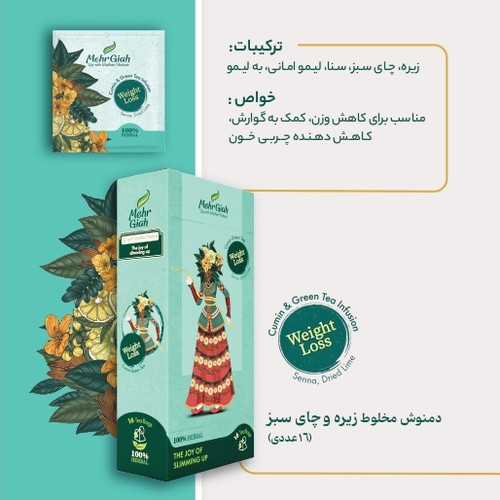 دمنوش مخلوط زیره و چای سبز(دمنوش تناسب) در بسته 16 عددی خرید از فروشگاه اینترنتی ویاناطب www.vianateb.ir
